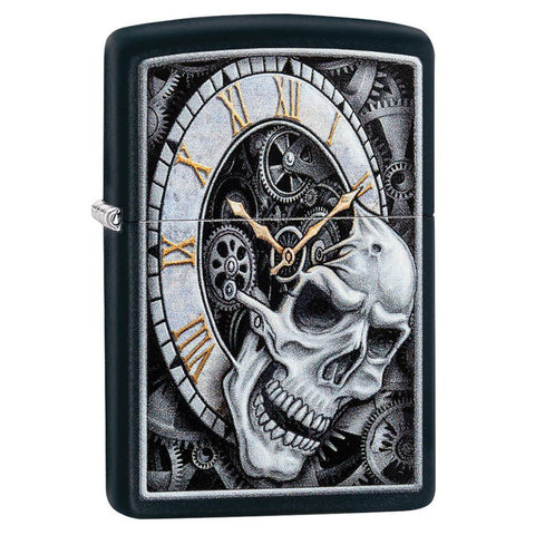 Zippo Black Matte Clock Skull Lighter